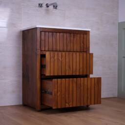 Art Deco Artisan Bathroom Vanity Unit - Swedish Pine, Quartz Top, Undermount Basin Walnut Woodstain - thumbnail 3