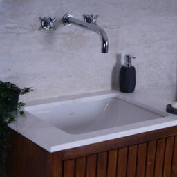 Art Deco Artisan Bathroom Vanity Unit - Swedish Pine, Quartz Top, Undermount Basin Walnut Woodstain - thumbnail 2