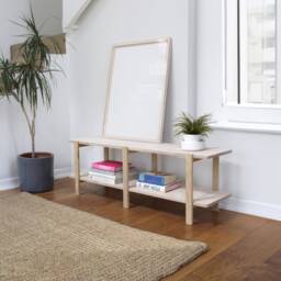 Scandinavian Low Bookcase White Limba Legs, Birch Plywood Shelves