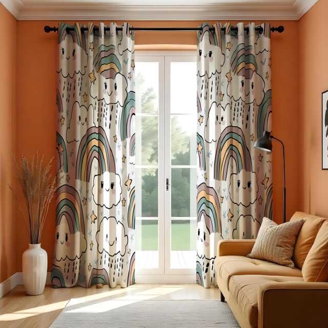 Cute Rainbow & Cloud Curtains For Kids Room, Smiling Star Rain Print Drapes Nursery Or Playroom Decor - image 1
