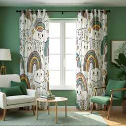 Cute Rainbow & Cloud Curtains For Kids Room, Smiling Star Rain Print Drapes Nursery Or Playroom Decor - thumbnail 3