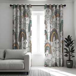 Cute Rainbow & Cloud Curtains For Kids Room, Smiling Star Rain Print Drapes Nursery Or Playroom Decor - thumbnail 2