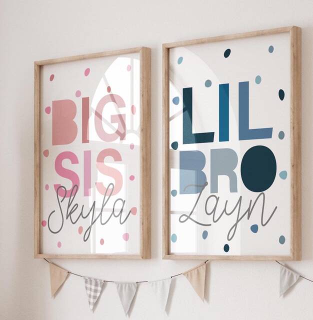 Set Of 2 Brother & Sister Prints, Big Sis Lil Bro Sibling Wall Art, Playroom, Shared Bedroom, Pink Blue - image 1