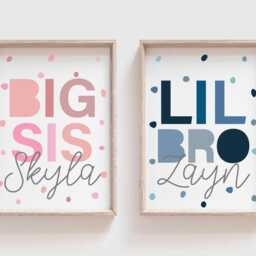 Set Of 2 Brother & Sister Prints, Big Sis Lil Bro Sibling Wall Art, Playroom, Shared Bedroom, Pink Blue - thumbnail 2