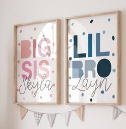 Set Of 2 Brother & Sister Prints, Big Sis Lil Bro Sibling Wall Art, Playroom, Shared Bedroom, Pink Blue - thumbnail 1