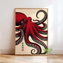 Japanese Octopus Wall Art, Vintage Ukiyo-E Style Sea Creature Poster, Red Tentacle Print, Cool Graphic Bold Nautical Decor - thumbnail 1