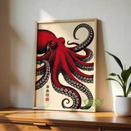 Japanese Octopus Wall Art, Vintage Ukiyo-E Style Sea Creature Poster, Red Tentacle Print, Cool Graphic Bold Nautical Decor - thumbnail 3