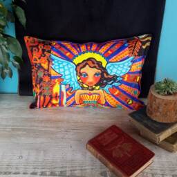 Angel Girl Watercolor Print Pillow, Bohemian Indigo Denim Back 14x20 Inch - thumbnail 3