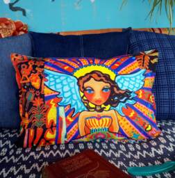 Angel Girl Watercolor Print Pillow, Bohemian Indigo Denim Back 14x20 Inch - thumbnail 1