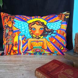 Angel Girl Watercolor Print Pillow, Bohemian Indigo Denim Back 14x20 Inch - thumbnail 2