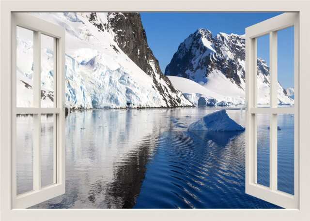 Iceberg Sea View Wall Decal, Sunlit Sticker, Ice Floe Coast At Dawn 3D Window Frame Sticker Mural