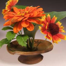 Ikebana Vase Earthtone Pin Frog For Fresh Flowers With Oak & Sassafras Leaves - thumbnail 2