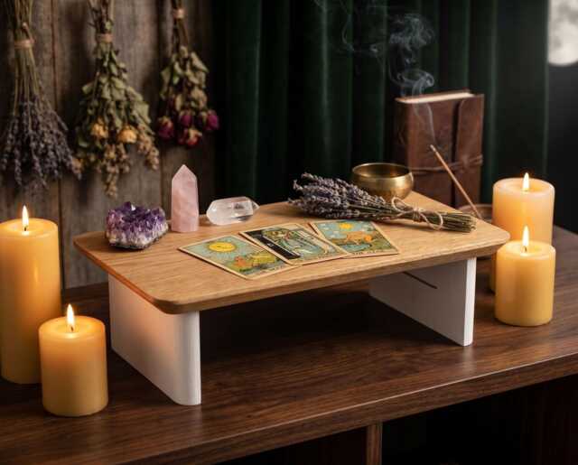 Tabletop Altar With Shelf, Custom Space Crystal Display Stand, Prayer Table, Meditation Buddhist Altar, Walnut Wood Spiritual Table - image 1