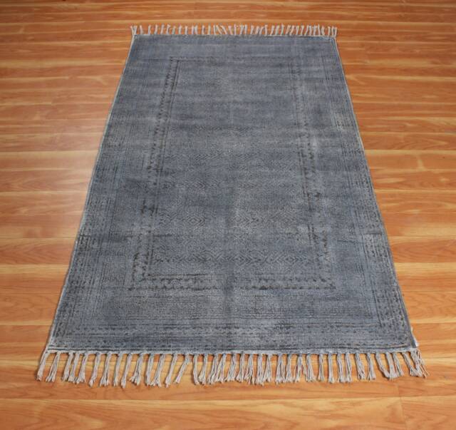 Handwoven Cotton Dhurrie Rug, Black Grey Kilim, Boho Farmhouse Tassel Carpet - image 1