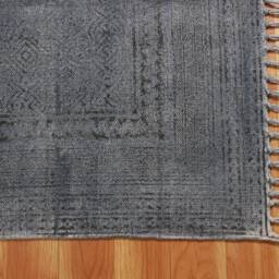 Handwoven Cotton Dhurrie Rug, Black Grey Kilim, Boho Farmhouse Tassel Carpet - thumbnail 4