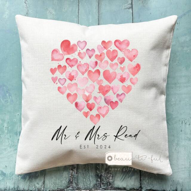 Personalised Wedding Gift Anniversary Valentine's Day Mr Mrs Couple Newlywed Love Home Red Heart Design Linen Style Cushion - image 1