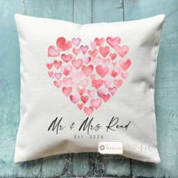 Personalised Wedding Gift Anniversary Valentine's Day Mr Mrs Couple Newlywed Love Home Red Heart Design Linen Style Cushion
