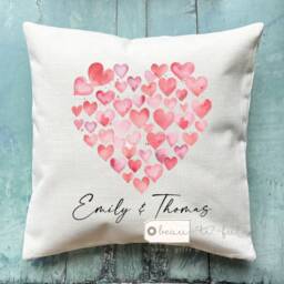 Personalised Wedding Gift Anniversary Valentine's Day Mr Mrs Couple Newlywed Love Home Red Heart Design Linen Style Cushion - thumbnail 2