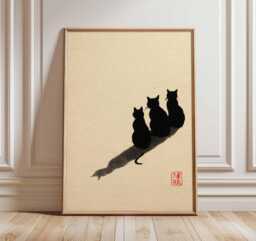 Japanese Cat Art Print, Minimalist Ink Painting, Zen Animal Wall Art, Oriental Silhouette Poster, Modern Decor - thumbnail 1