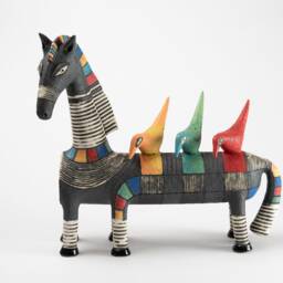 Black Horse With Three 3 Colorful Birds Ceramic Sculpture - thumbnail 3