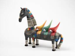 Black Horse With Three 3 Colorful Birds Ceramic Sculpture - thumbnail 1