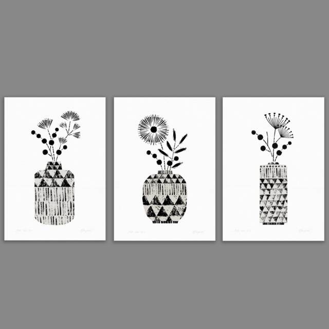 Set Of 3 Floral Prints, Geometric Wall Decor, Monochrome Prints, Flowerprints, Bedroom Art, A4 A3, Unframed - image 1