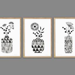 Set Of 3 Floral Prints, Geometric Wall Decor, Monochrome Prints, Flowerprints, Bedroom Art, A4 A3, Unframed - thumbnail 2