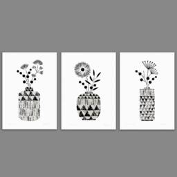 Set Of 3 Floral Prints, Geometric Wall Decor, Monochrome Prints, Flowerprints, Bedroom Art, A4 A3, Unframed - thumbnail 1
