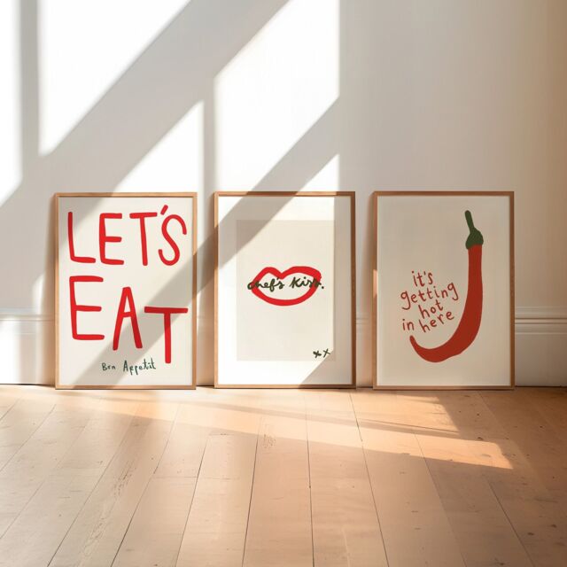 Set Of 3 Kitchen Prints, Red Print, Retro Wall Art, Aesthetic Decor, Gallery Wall, Home Inspo, Unframed - image 1