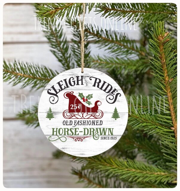 Old Fashioned Sleigh Ride Round Ornament Christmas Tree Decoration Horse Drawn - image 1