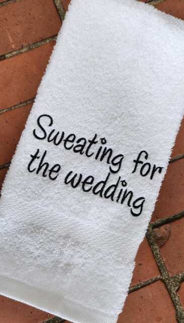 "Embroidered Sweat Towel Personalized Fitness Gift, Gym Hand Towel, ""Sweating For The Wedding" - image 1