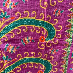 Handmade Reversible Cotton Kantha Quilt Colorful Boho Bedspread - thumbnail 2