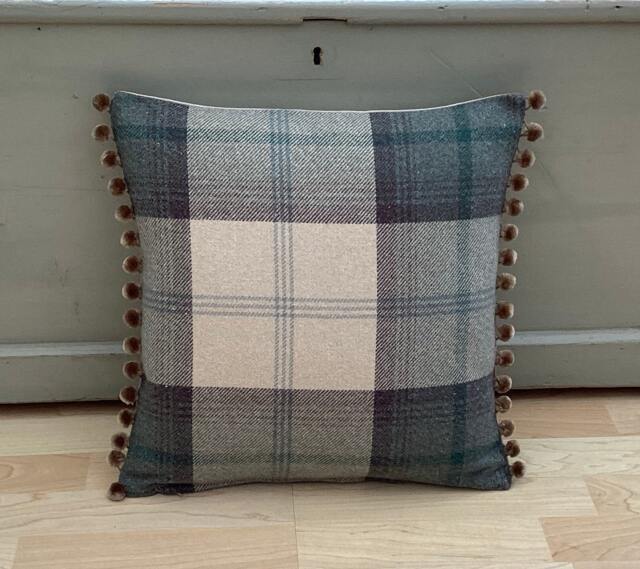 Handmade Balmoral Jade Green Tartan Tweed Plaid Wool Effect Fabric Cushion Cover Pillow Sham With Pompom Trim - image 1