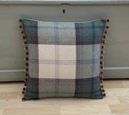 Handmade Balmoral Jade Green Tartan Tweed Plaid Wool Effect Fabric Cushion Cover Pillow Sham With Pompom Trim - thumbnail 1