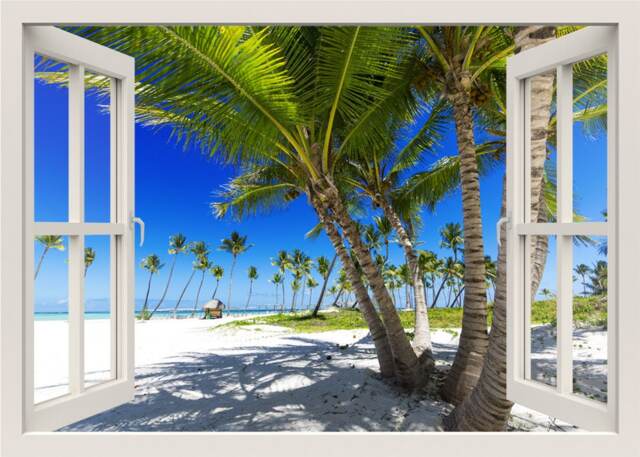Tropic Beach View, Sea Wall Mural, Shore Sticker, Tropical 3D Window View Bedroom Living Room Decor
