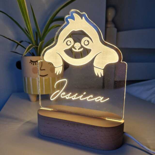 Sloth Personalised Childrens Night Light, Kids Sloth Bedroom Gift, Newborn Baby Nursery Led Lamp, Toddler Name Bedside Table Sign Desk Light - image 1