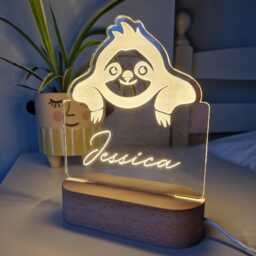 Sloth Personalised Childrens Night Light, Kids Sloth Bedroom Gift, Newborn Baby Nursery Led Lamp, Toddler Name Bedside Table Sign Desk Light - thumbnail 1