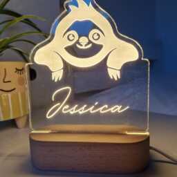 Sloth Personalised Childrens Night Light, Kids Sloth Bedroom Gift, Newborn Baby Nursery Led Lamp, Toddler Name Bedside Table Sign Desk Light - thumbnail 2