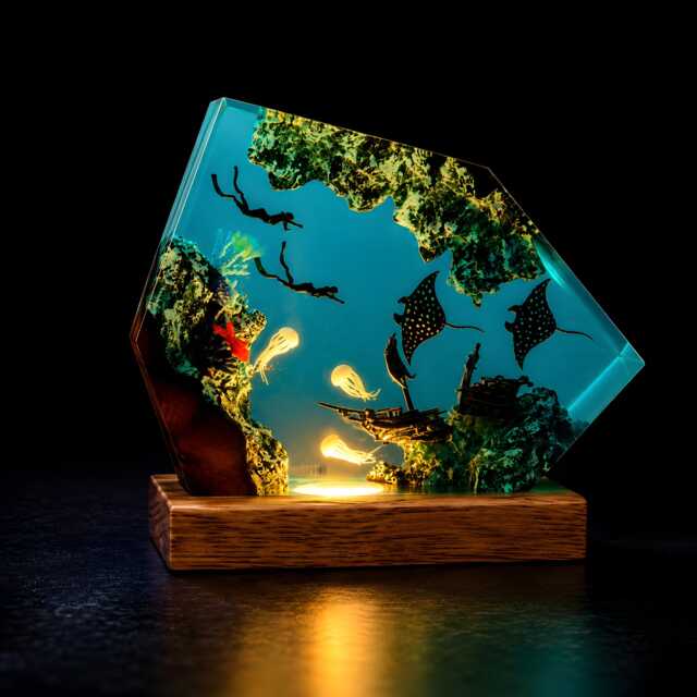 Manta Ray Resin Lamp, Diver Ocean Led Night Light, Underwater Coastal Decor - image 1