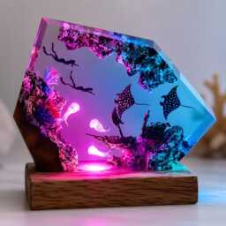 Manta Ray Resin Lamp, Diver Ocean Led Night Light, Underwater Coastal Decor - thumbnail 3