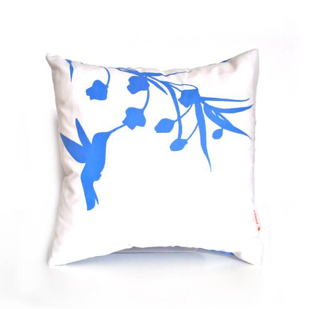 Royal Blue Print On White Cotton Hummingbird With Eucalyptus - Mini 10.5 Inches Square Pillow - image 1