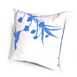 Royal Blue Print On White Cotton Hummingbird With Eucalyptus - Mini 10.5 Inches Square Pillow - thumbnail 2