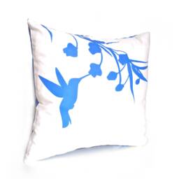 Royal Blue Print On White Cotton Hummingbird With Eucalyptus - Mini 10.5 Inches Square Pillow - thumbnail 3