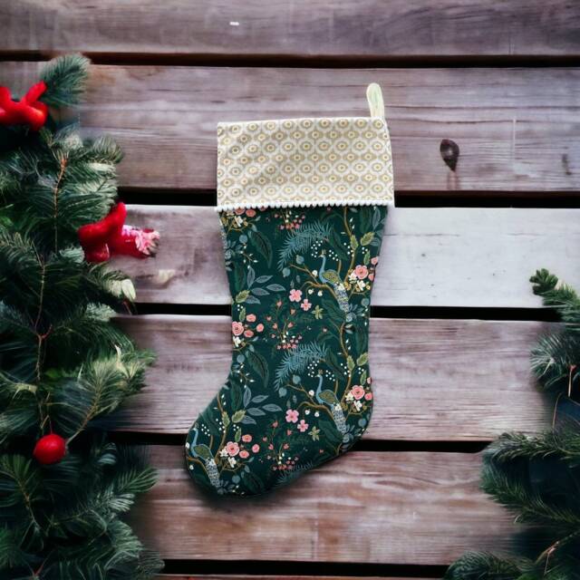 Rifle Paper Co Vintage Garden Peacock Metallic in Hunter Green Fabric Christmas Stocking - image 1