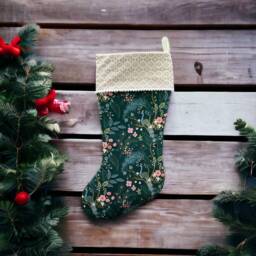 Rifle Paper Co Vintage Garden Peacock Metallic in Hunter Green Fabric Christmas Stocking