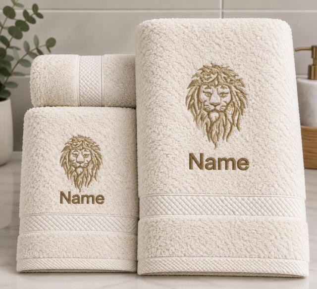 Personalised Lion Face Towel Embroidered Cotton, Custom Name - image 1