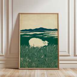 Green Countryside Sheep Poster - Rural Meadow Landscape Illustration Art - thumbnail 1