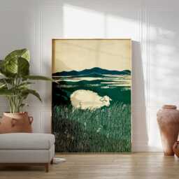 Green Countryside Sheep Poster - Rural Meadow Landscape Illustration Art - thumbnail 3