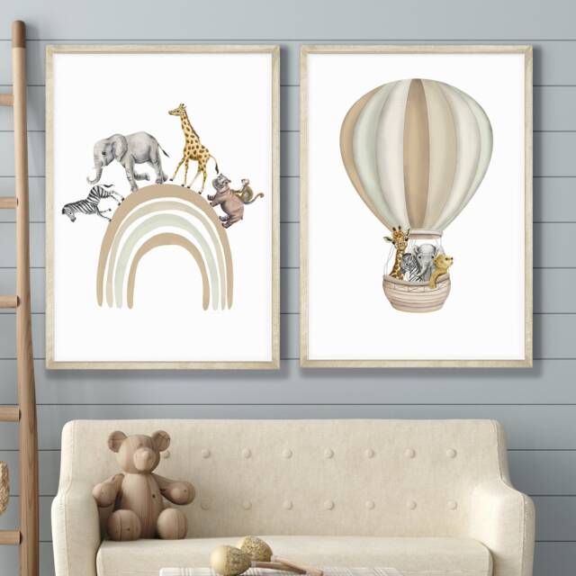 Safari Animal Prints Set Rainbow & Hot Air Balloon Nursery Decor - image 1