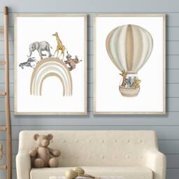 Safari Animal Prints Set Rainbow & Hot Air Balloon Nursery Decor - thumbnail 1